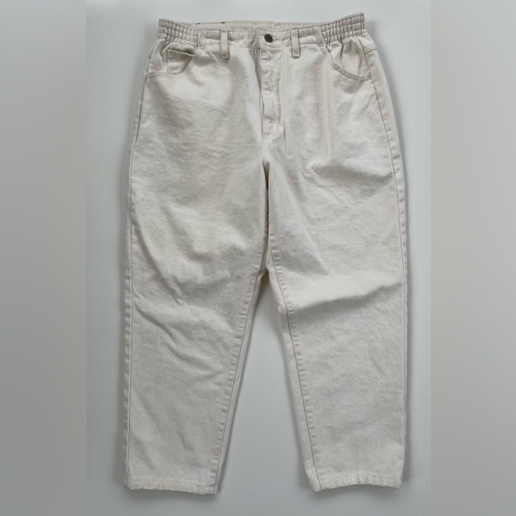 VINTAGE L.L. Bean Women's Cream Elastic Waist Denim Ankle Pants Size 14 Petite - Picture 1 of 11